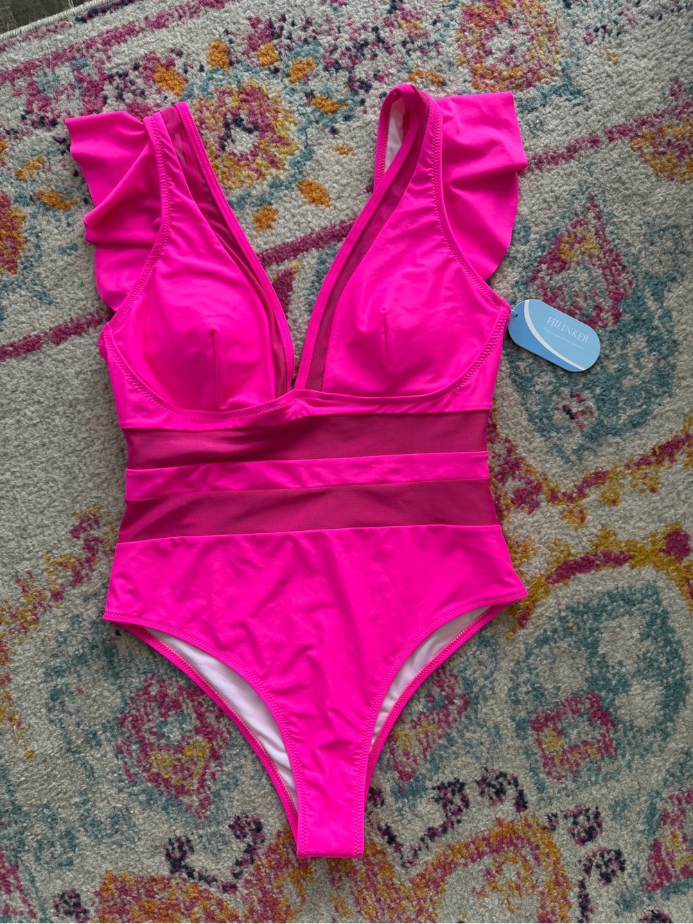 Women’s Deep V One-Piece Swimsuit in Bright Pink with Flutter Shoulders